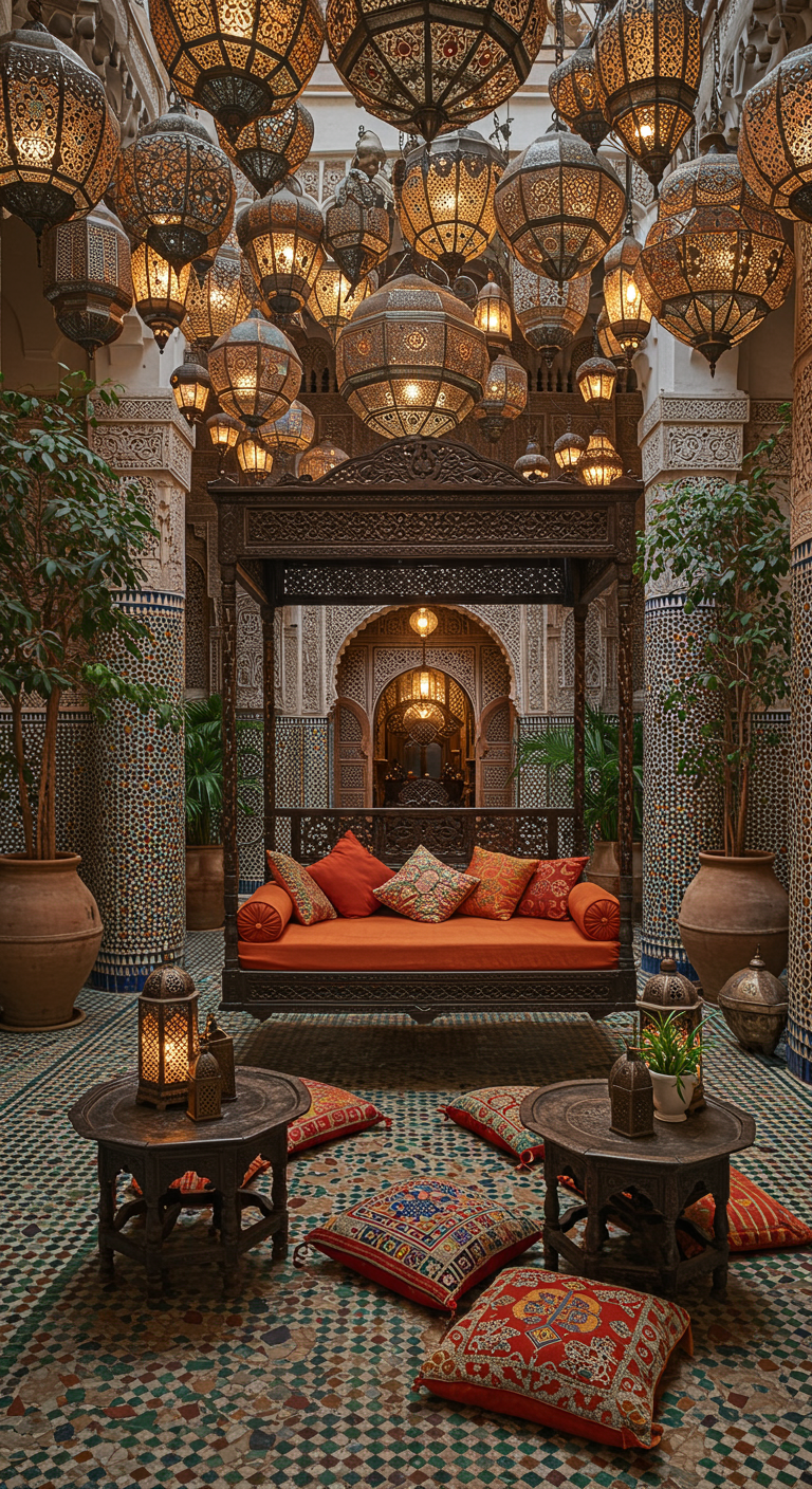 Donkerhouten Marokkaans schommelbed met oranje kussens in een riad met veel lantaarns en mozaïektegels.