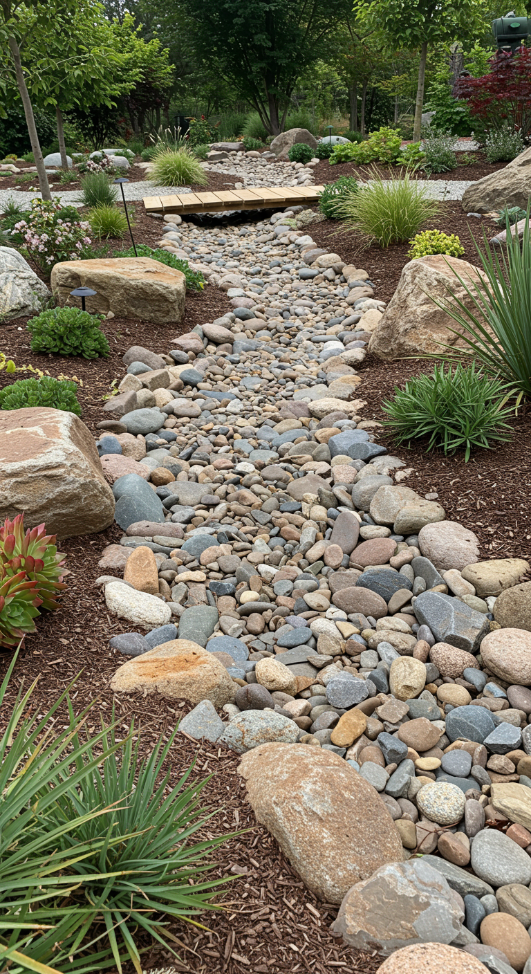 Aangelegde droge rivierbedding van diverse keien en rotsen, omzoomd met houtsnippers en planten.