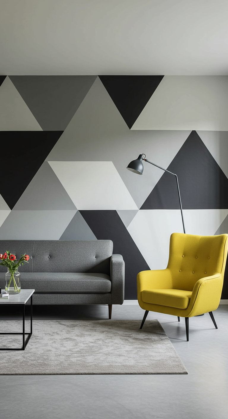 Moderne grijze woonkamer met geometrisch muurpatroon en gele fauteuil.