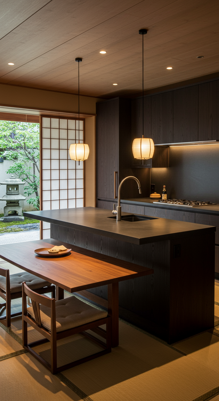 Donker houten kookeiland in Japanse stijl met geïntegreerde eettafel en papieren lampen.
