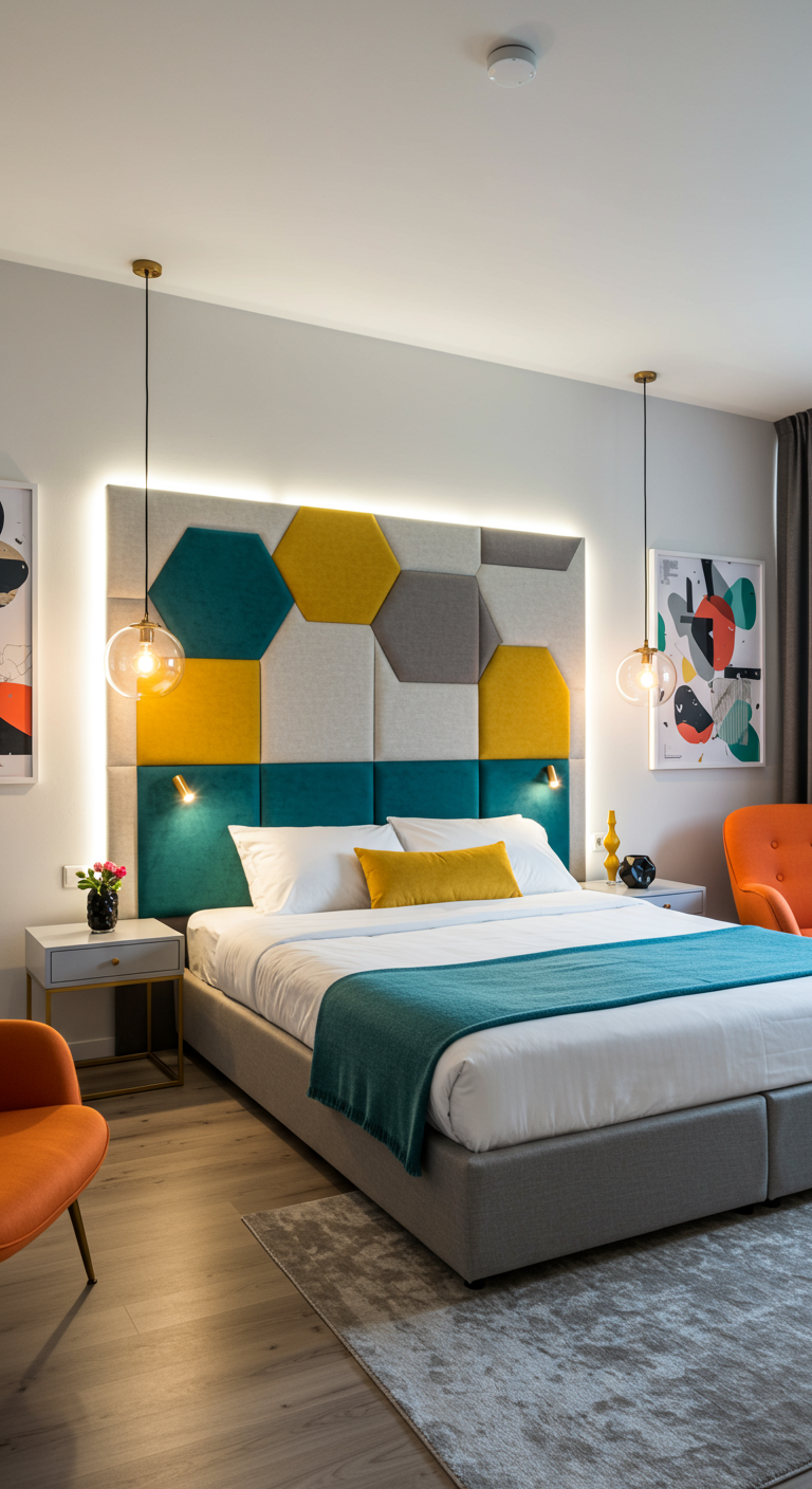Modern hoofdbord van gestoffeerde geometrische panelen in geel, blauw en grijs.