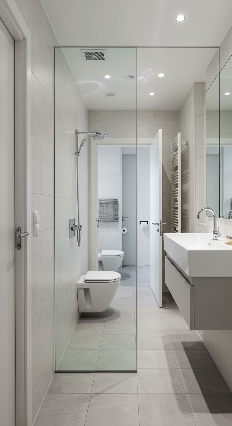 Moderne badkamer waarbij een deel van de glazen douchewand ook als spiegel fungeert.