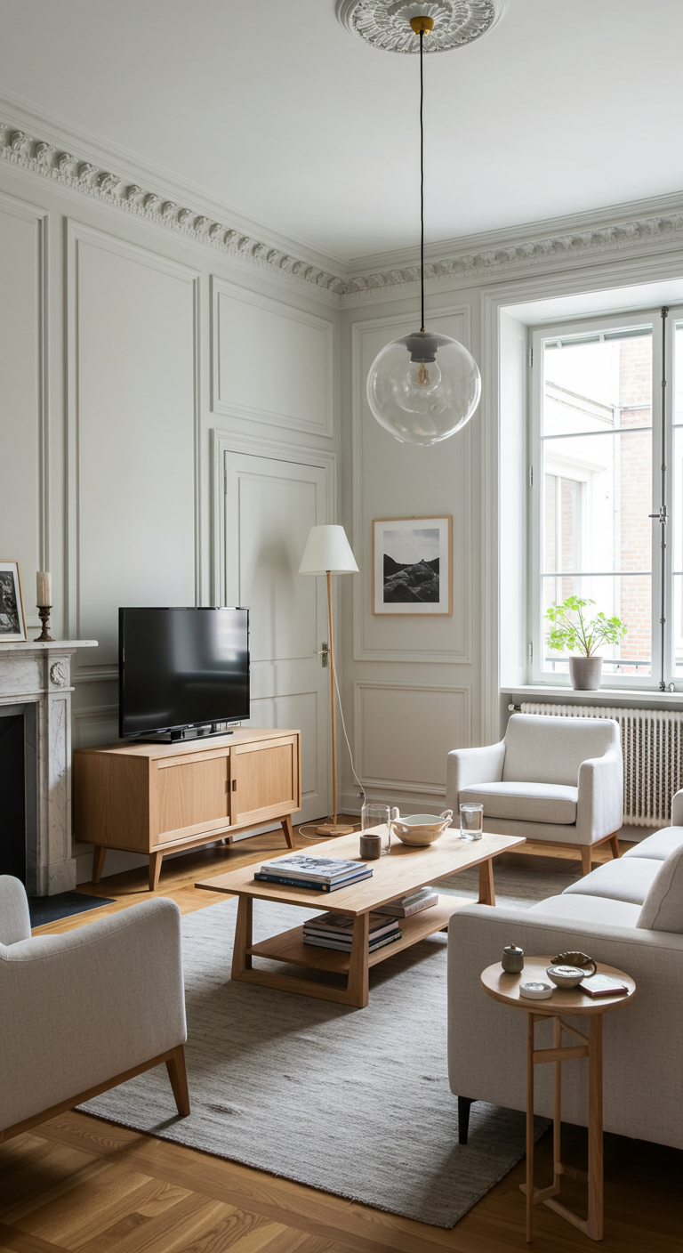Elegant Parijs appartement met lichte houten meubels, hoge plafonds met ornamenten en grijze muren.