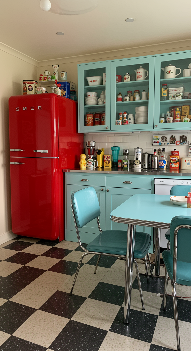 Retro keuken met pastelblauwe kastjes, een rode SMEG koelkast en een zwart-wit geblokte vloer.