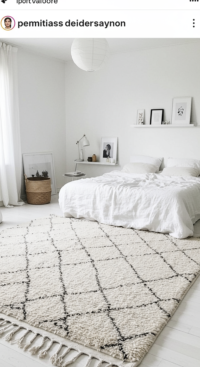 Scandinavische witte slaapkamer met groot Beni Ouarain tapijt en wandplank.