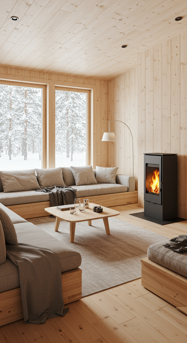 Moderne houten woonkamer met grote ramen, ingebouwde bank en houtkachel.