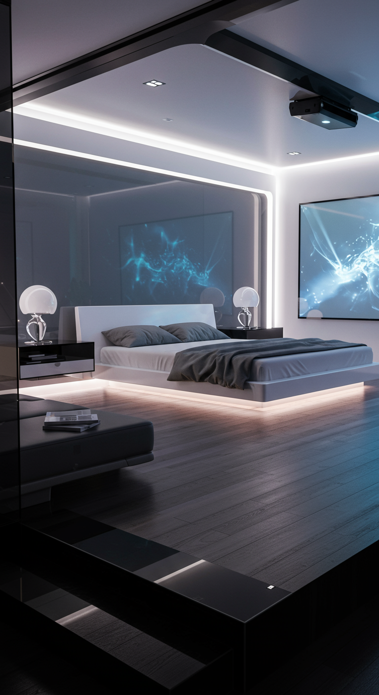 Futuristisch donkere slaapkamer met LED-verlichting en strakke meubels.
