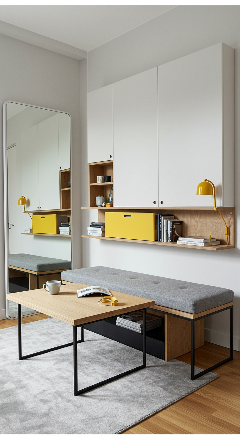 Moderne woonkamer met een lange, lage grijze bank en geïntegreerde houten opbergplanken.
