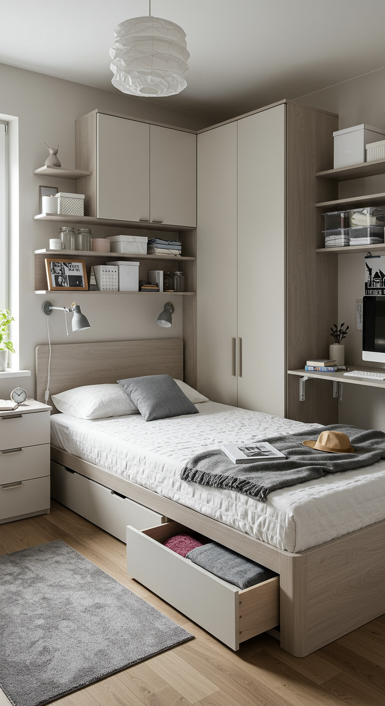 Compacte slaapkamer met slimme opbergoplossingen zoals bedlades en wandplanken.
