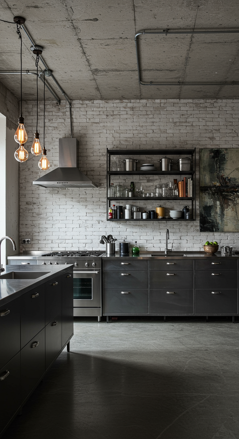 Industriële keuken met RVS, bakstenen muur en zichtbare leidingen.