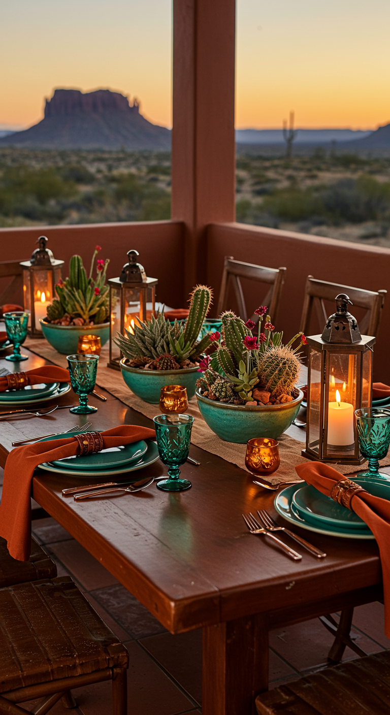 Tafelsetting met terracotta servetten, cactussen en lantaarns bij zonsondergang.