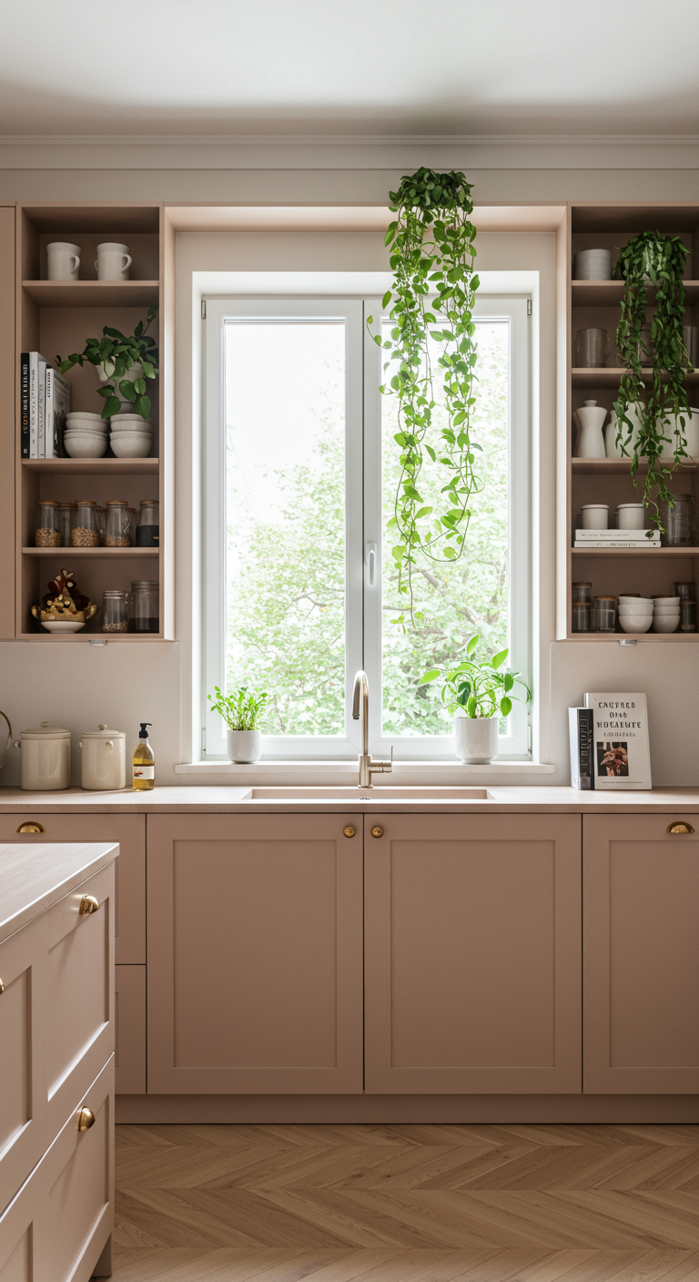 Lichte keuken met zachtroze kasten en open vakken naast het raam met servies en planten.
