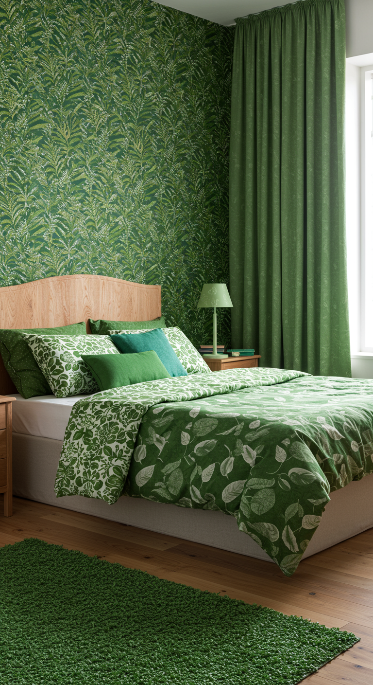 Slaapkamer met groen bladmotief behang en bijpassend beddengoed.