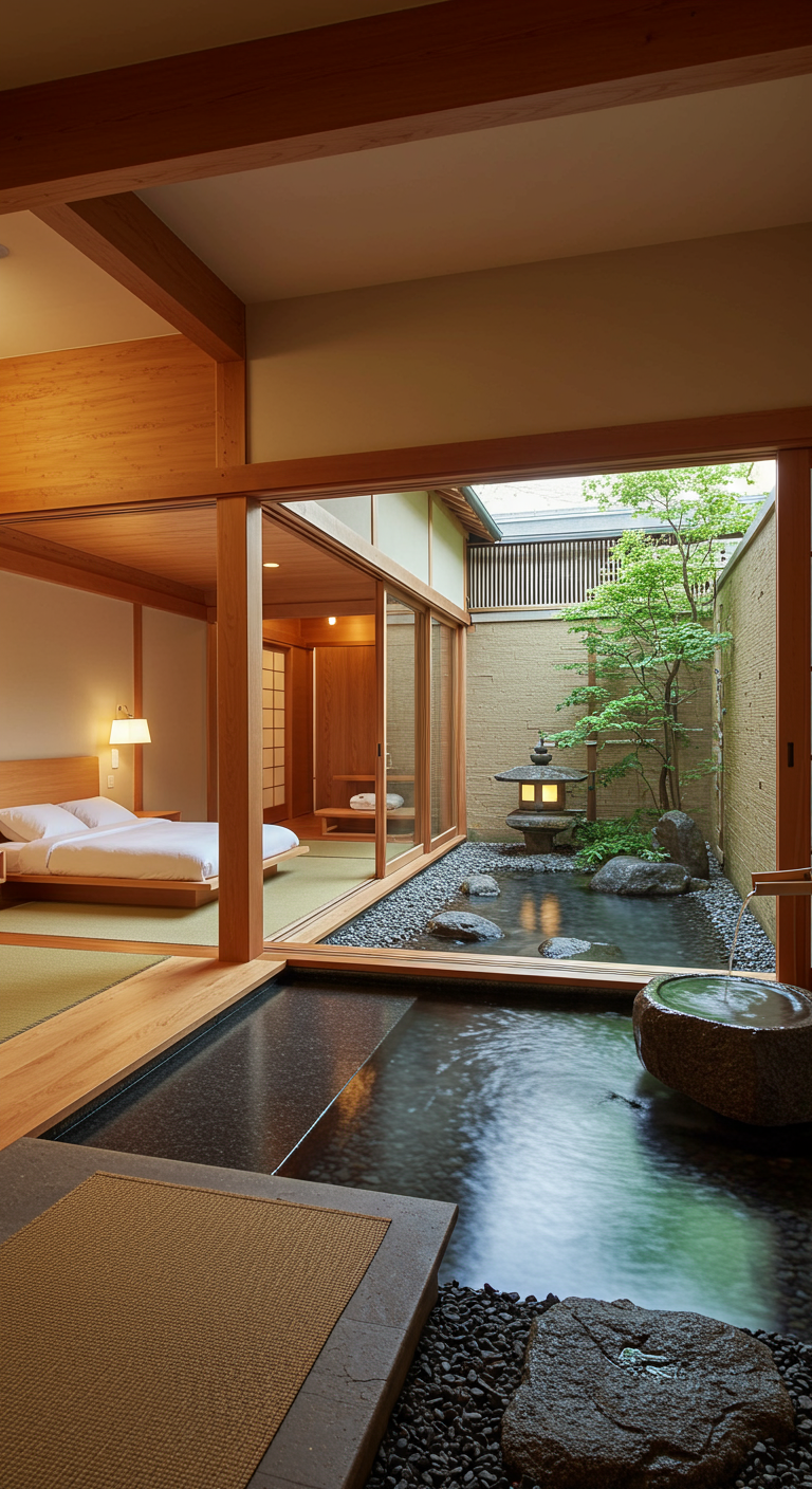 Japanse slaapkamer met uitzicht op een serene binnentuin met waterpartij en stenen.