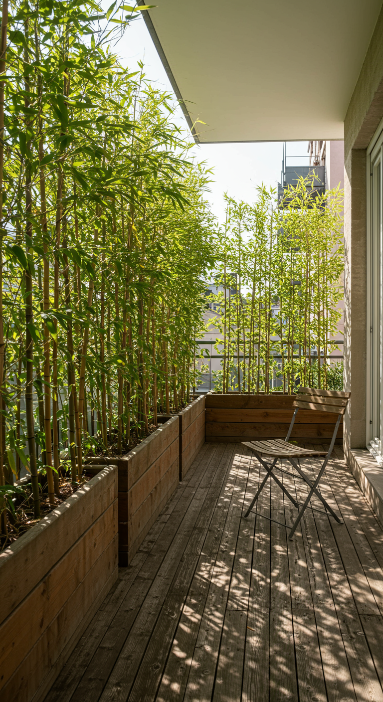 Smal balkon met hoge bamboeplanten in houten bakken als privacyscherm en houten vlondervloer.