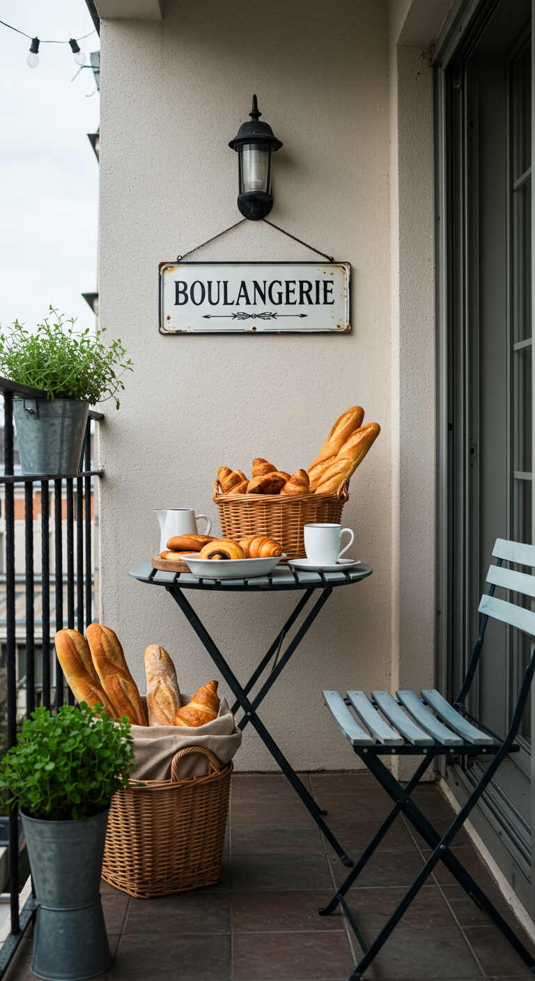 Balkon met bistroset, 'Boulangerie' bord, manden met brood en een klassieke lantaarn.