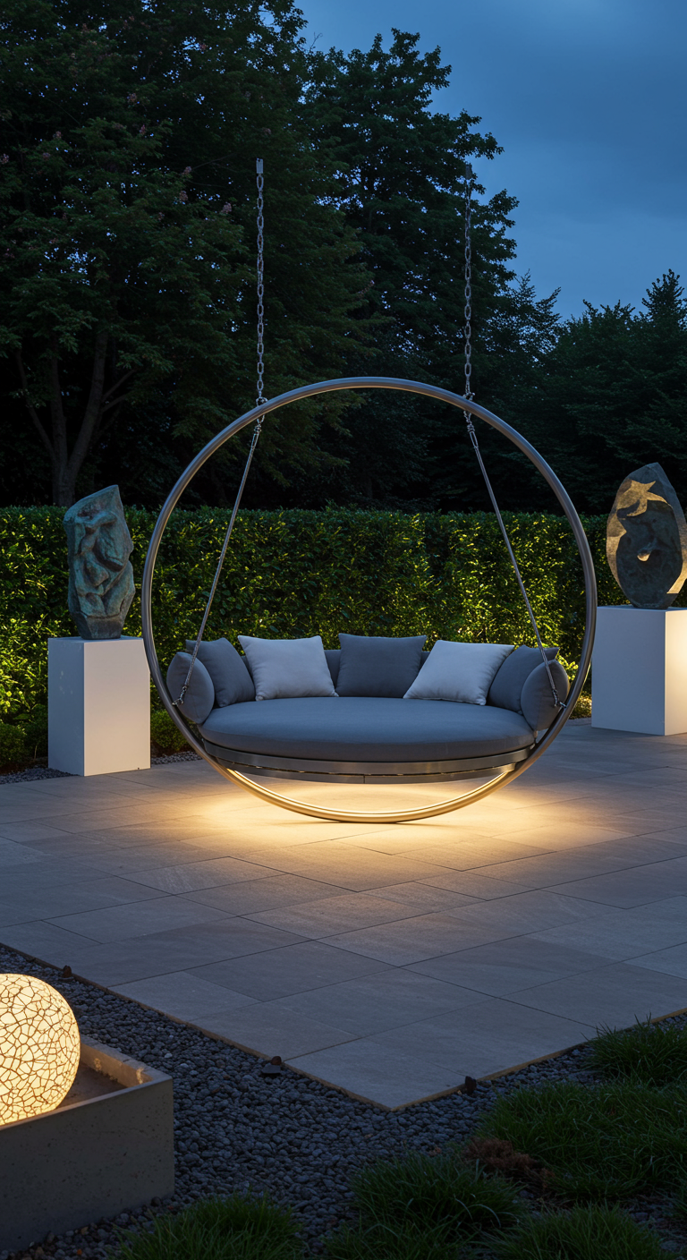 Rond metalen schommelbed met grijze kussens en ingebouwde verlichting, in een moderne tuin 's avonds.