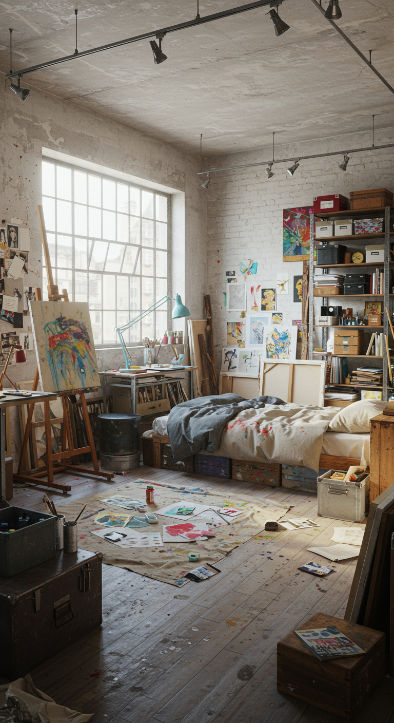 Artistieke slaapkamer en atelier met schildersezel en creatieve spullen.