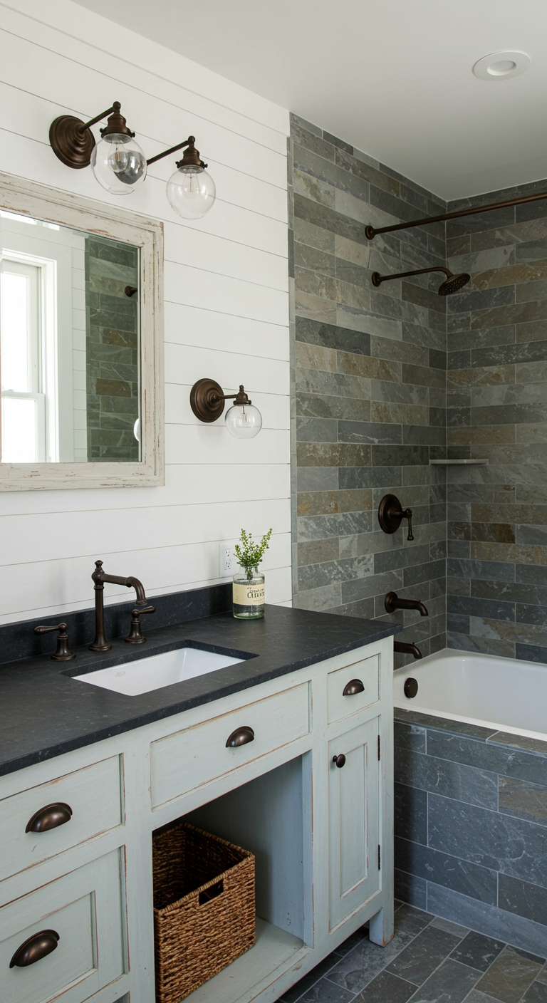 Farmhouse badkamer met leisteen douche, witte shiplap wanden en vintage meubel.