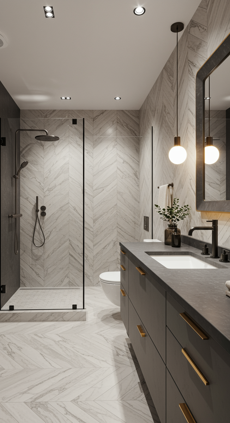 Matzwarte wastafelkraan en doucheset met gouden details in een moderne badkamer met marmerlook tegels.