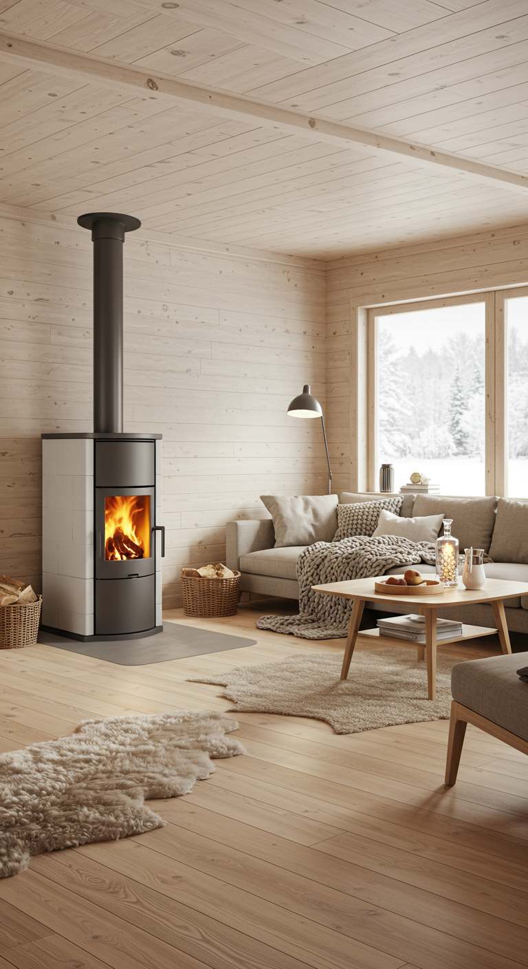 Scandinavische woonkamer met lichte houten wanden, houtkachel en schapenvacht op de vloer.