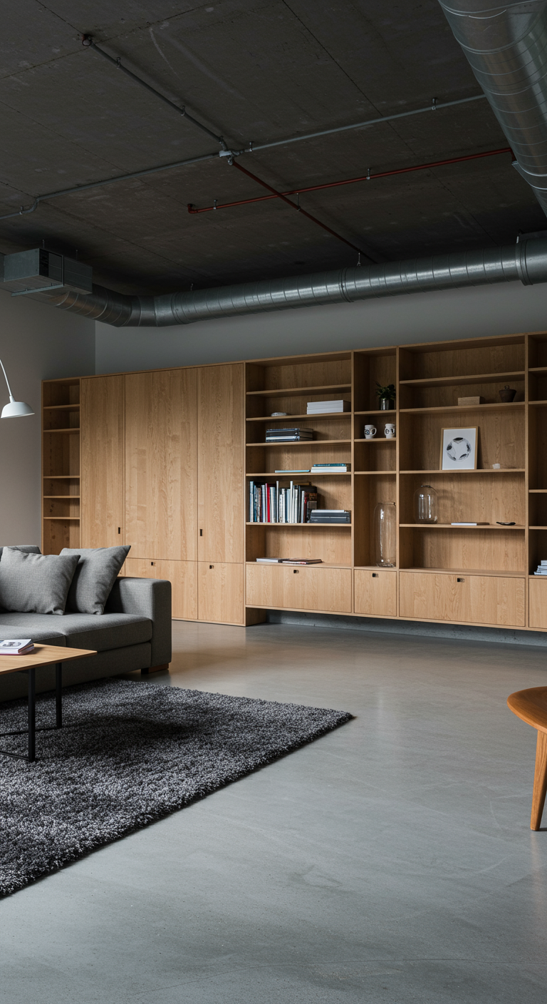 Industriële grijze woonkamer met betonnen vloer en houten kastenwand.