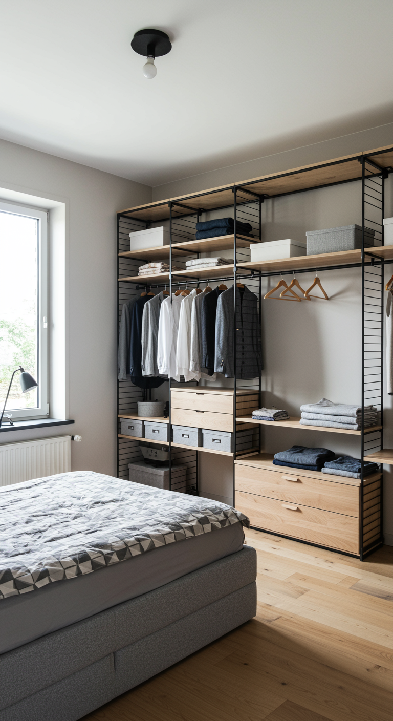 Open modulair metalen en houten kastsysteem naast een bed, met kleding en opbergdozen.