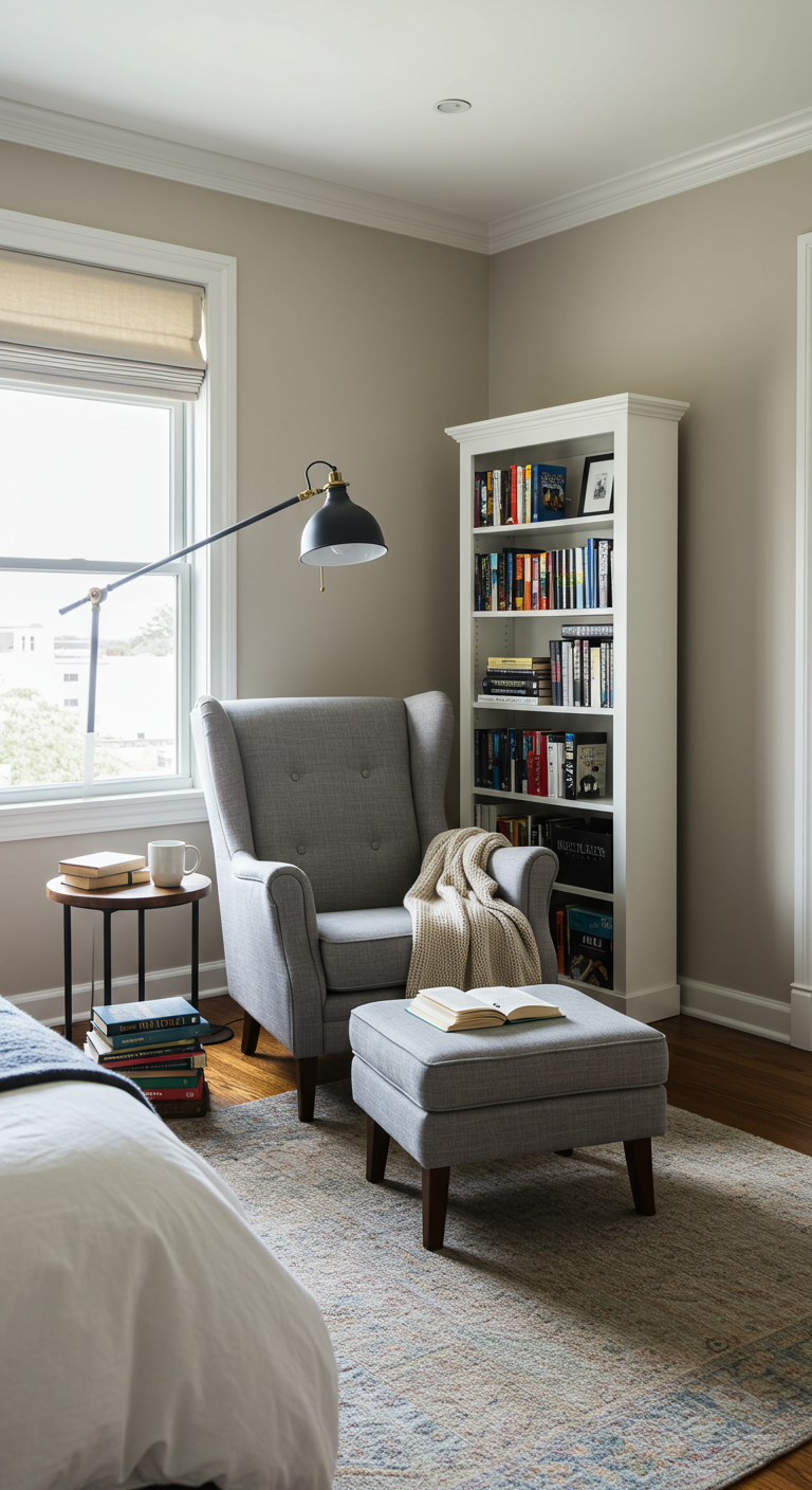 Gezellig leeshoekje in slaapkamer met fauteuil, staande lamp en boekenkast.