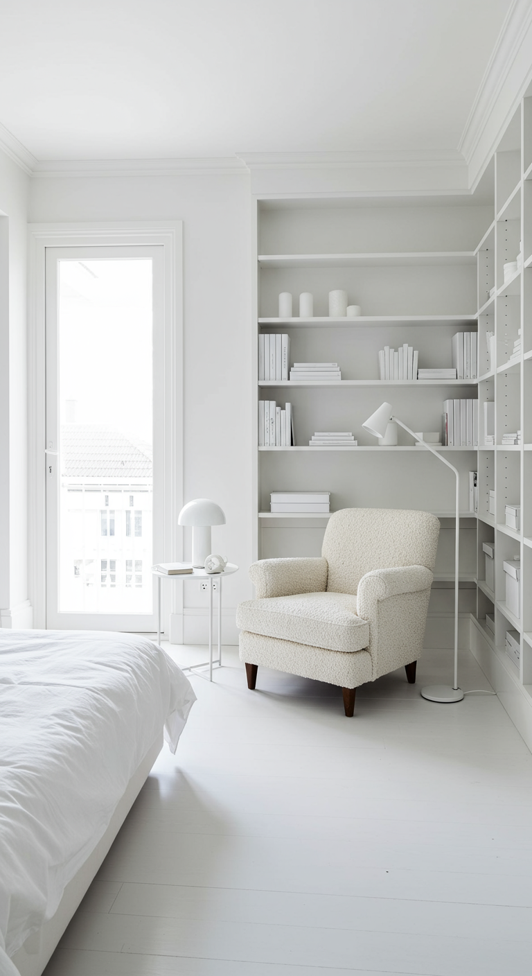 Witte slaapkamer met grote ingebouwde boekenkast en een comfortabele fauteuil.