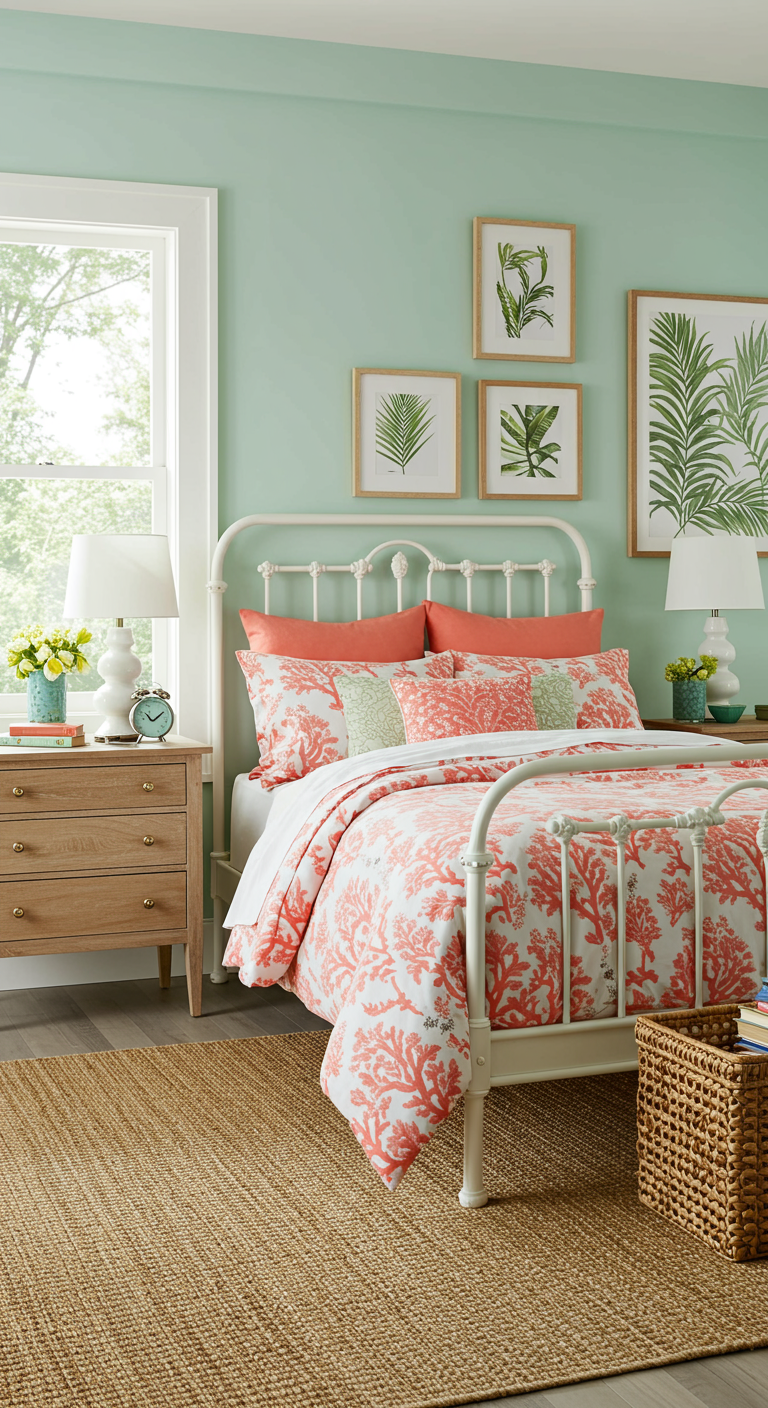 Tropische slaapkamer met mintgroene muur, wit bed en beddengoed met koraalprint.