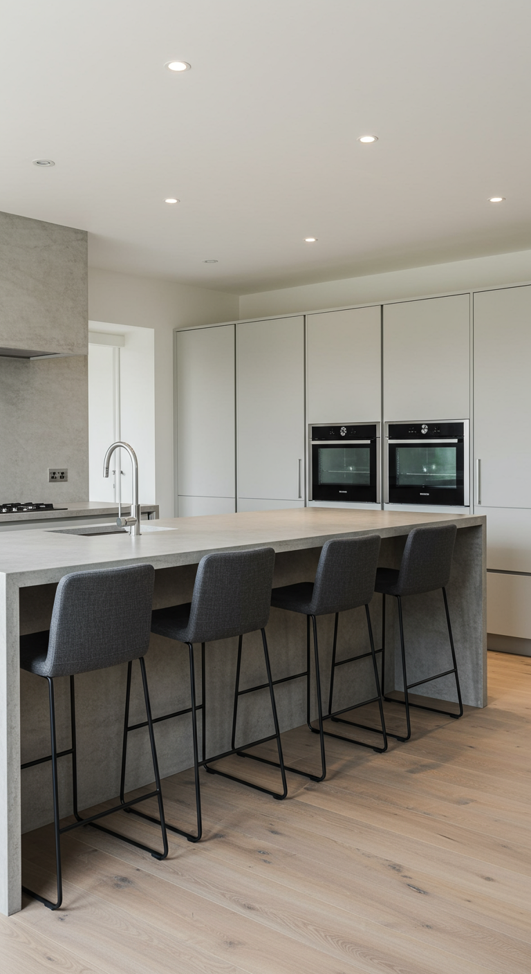 Strakke, moderne keuken met lichtgrijs eiland en donkergrijze stoffen barkrukken.