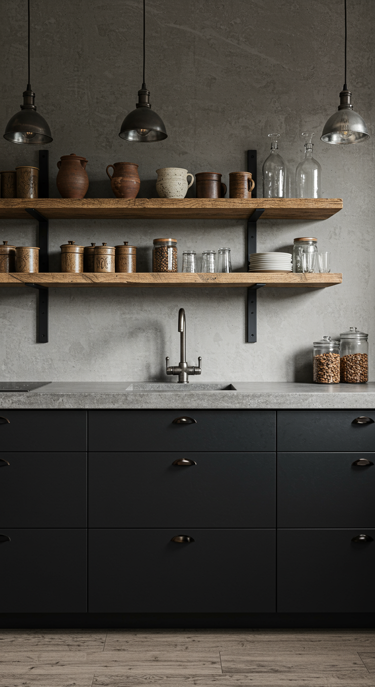Industriële keuken met donkere onderkasten en robuuste houten planken met aardewerk.