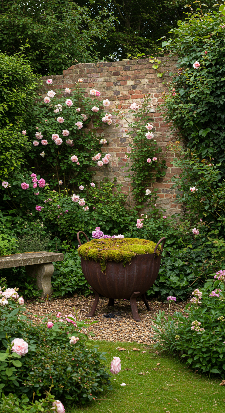 Oude verroeste vuurkorf gevuld met mos en bloemen in een romantische tuin.