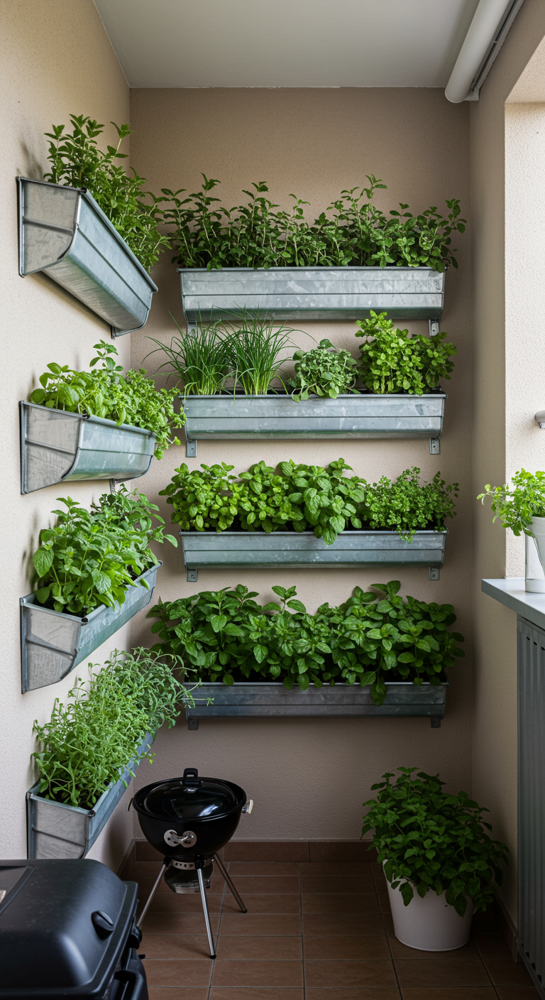 Zinken plantenbakken in verschillende formaten aan de muur, vol met diverse verse kruiden.
