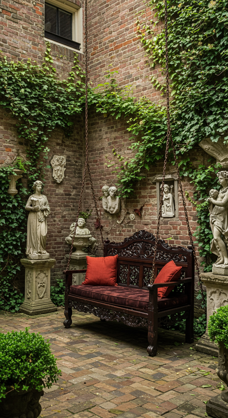 Antieke donkerhouten schommelbank op een klassieke binnenplaats.