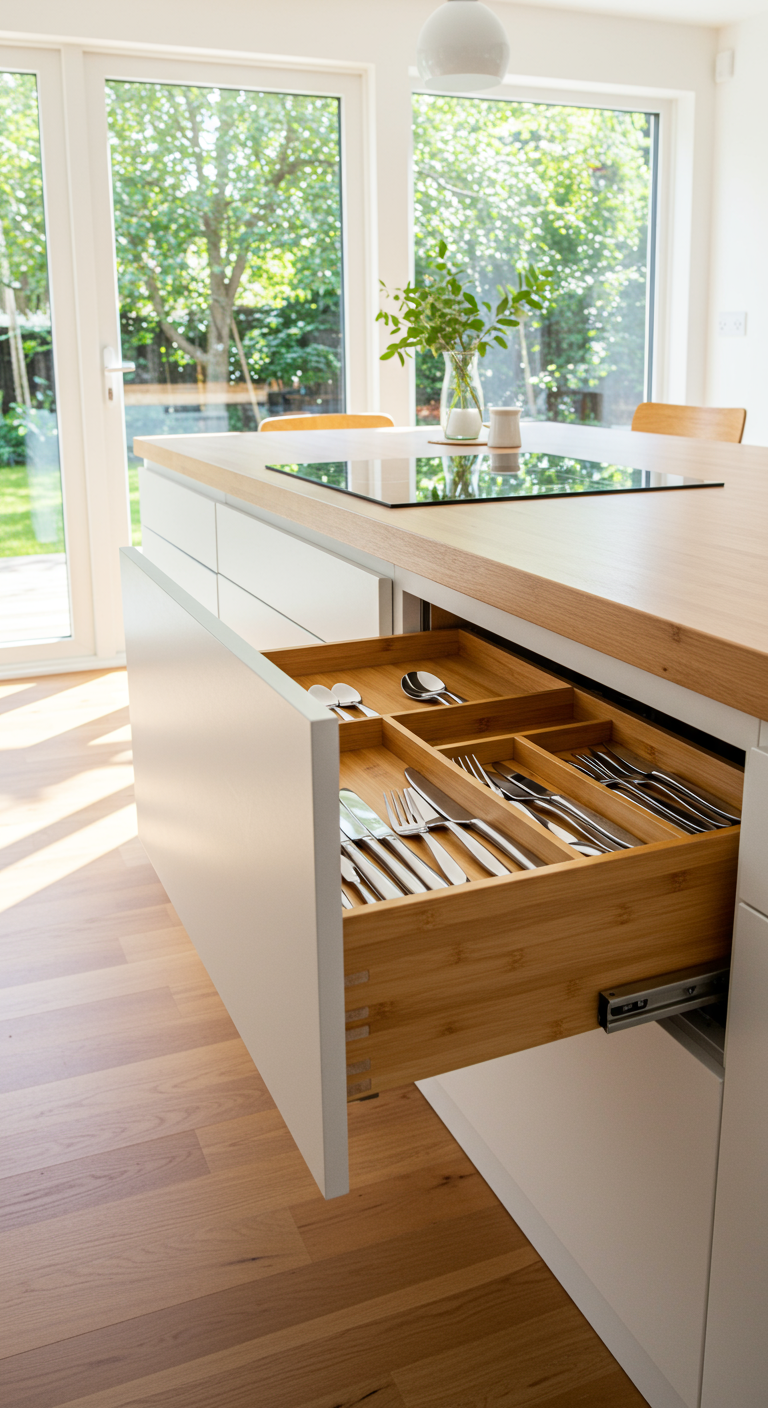 Open witte keukenlade met houten bamboe bestekbak, netjes gevuld met zilverkleurig bestek.