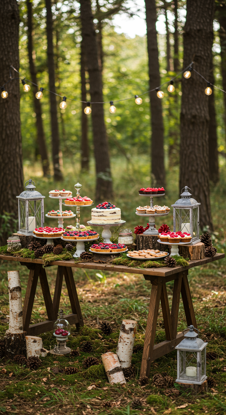Rustieke sweet table in bos met lantaarns, dennenappels en gebak met rood fruit.