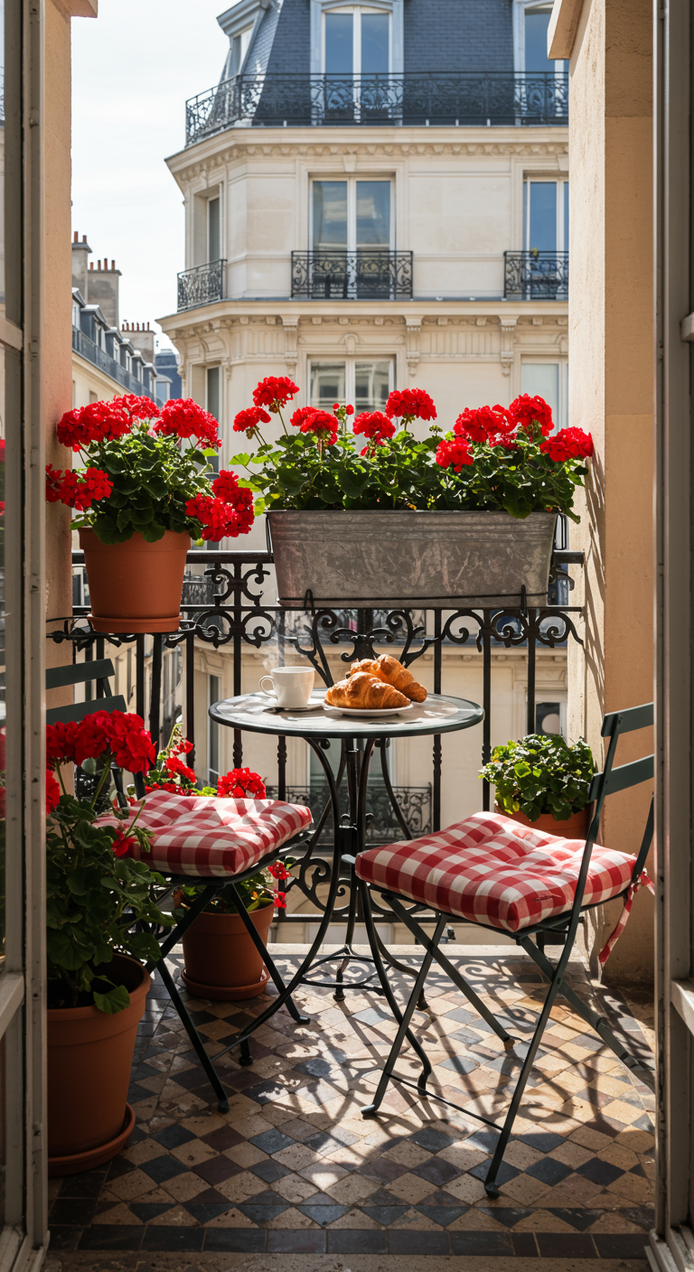 Klassieke Franse bistroset op balkon met rode geraniums en croissants.
