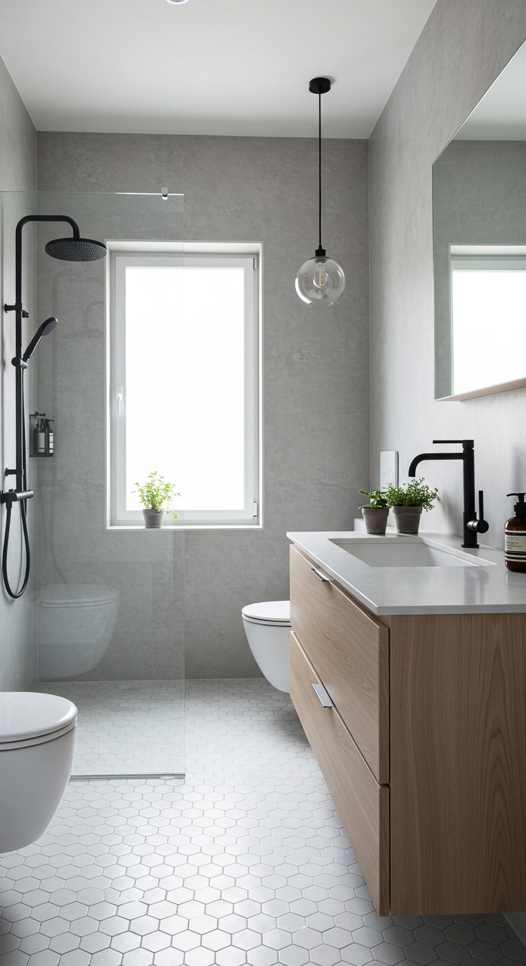 Moderne matzwarte wastafelkraan in lichte badkamer met houten meubel.