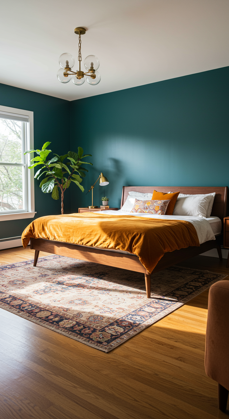 Slaapkamer met petrol muur, houten bed met okergele sprei en Perzisch tapijt.