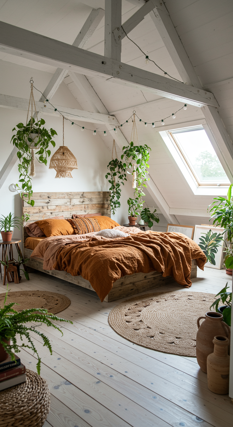 Lichte zolderkamer met houten balken, veel hangplanten en oranje beddengoed.