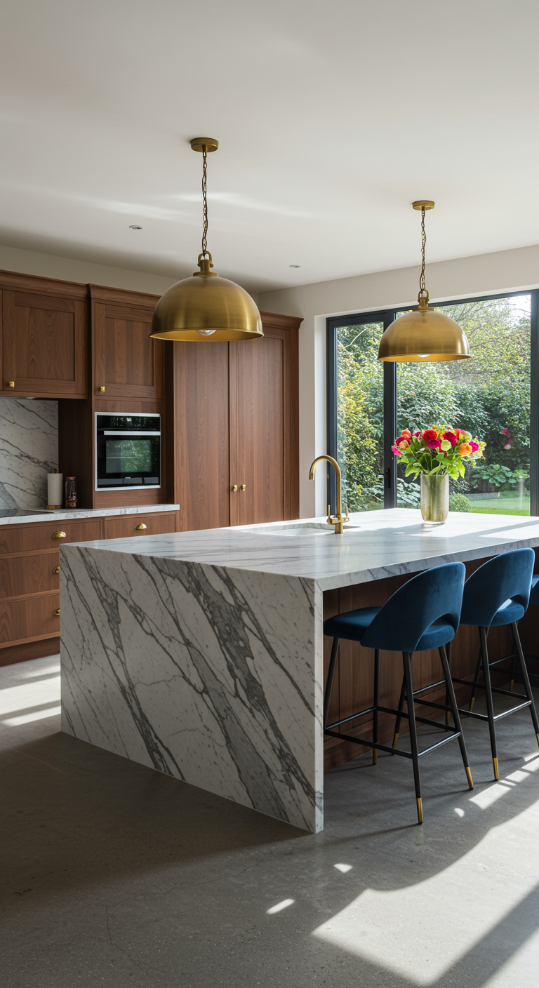 Luxe kookeiland met marmeren watervalblad, blauwe velours krukken en gouden details.
