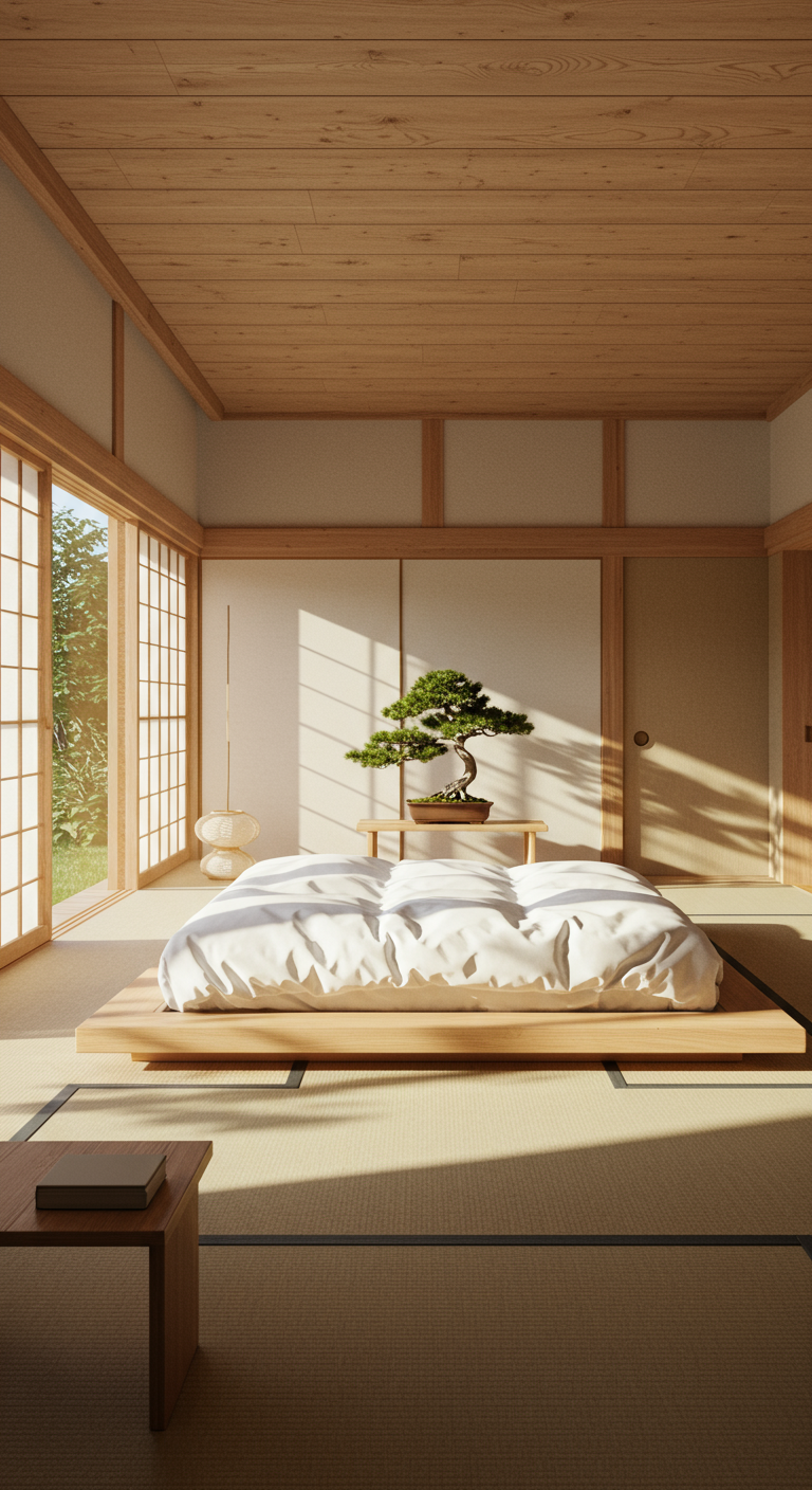 Lichte Japanse slaapkamer met laag bed op tatami-mat en bonsai-boompje.