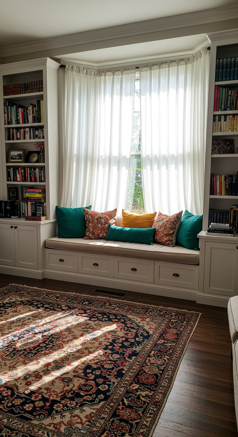 Woonkamer met ingebouwde vensterbankzit, kussens en boekenkasten.