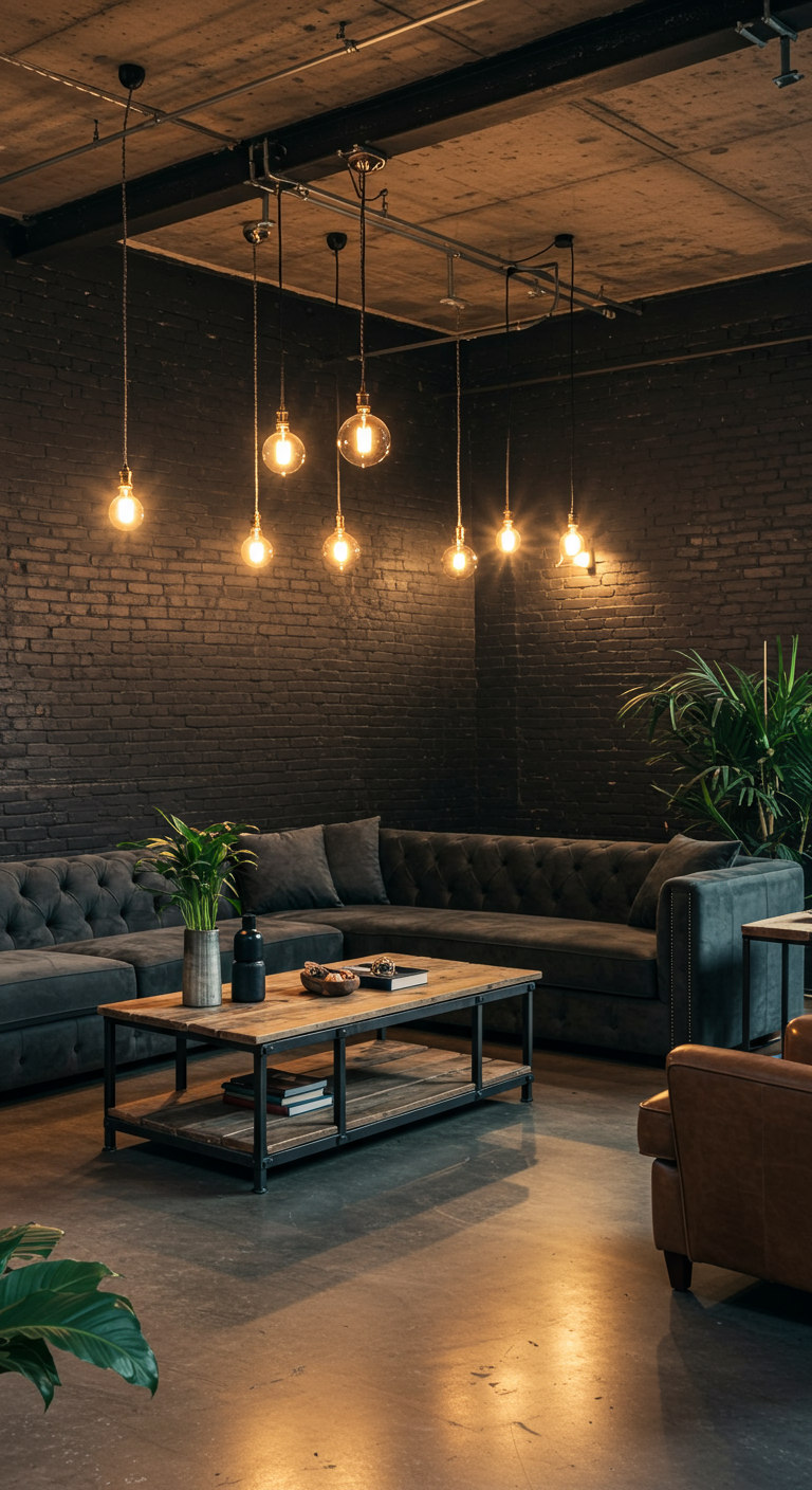 Donkergrijze industriële woonkamer met bakstenen muur en Edison-lampen.