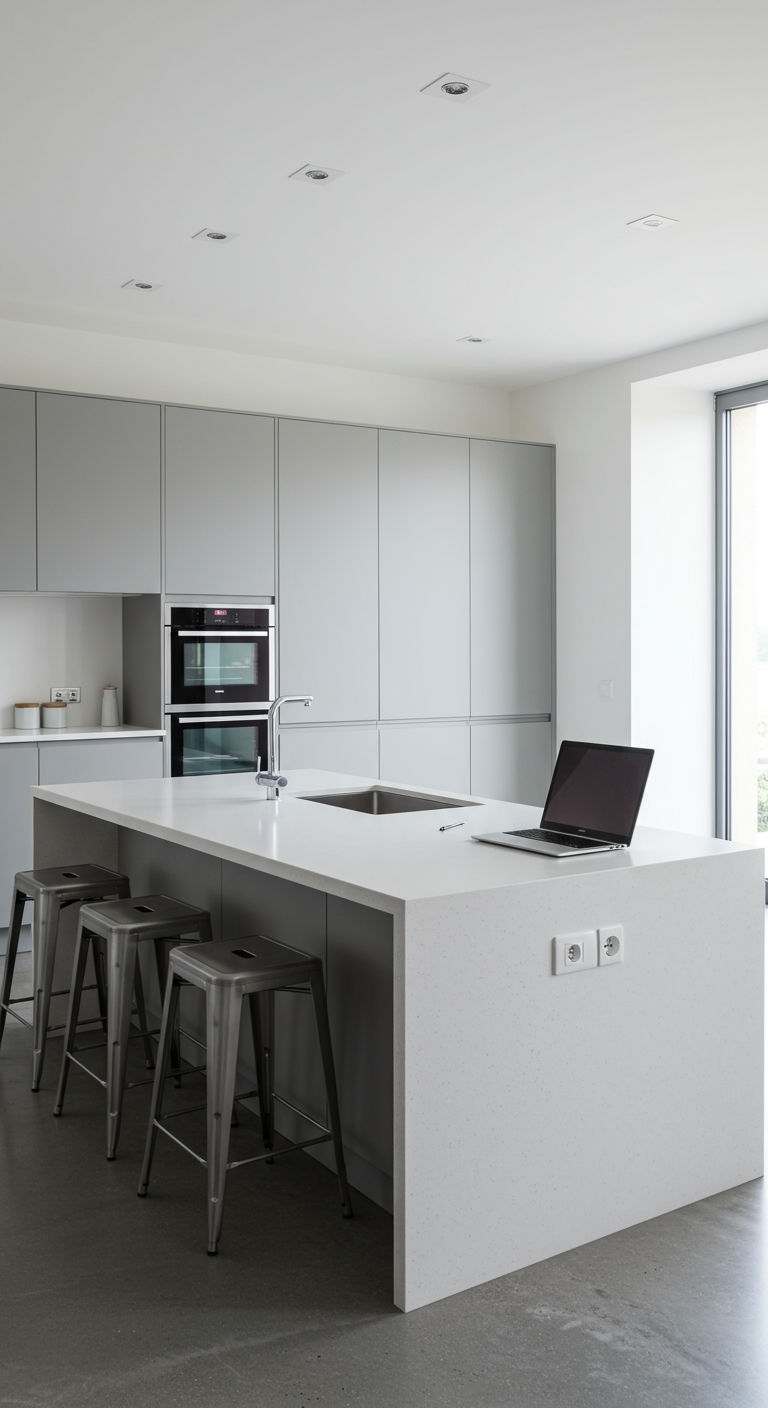 Modern grijs keukeneiland met laptop en metalen barkrukken, functionerend als werkplek.