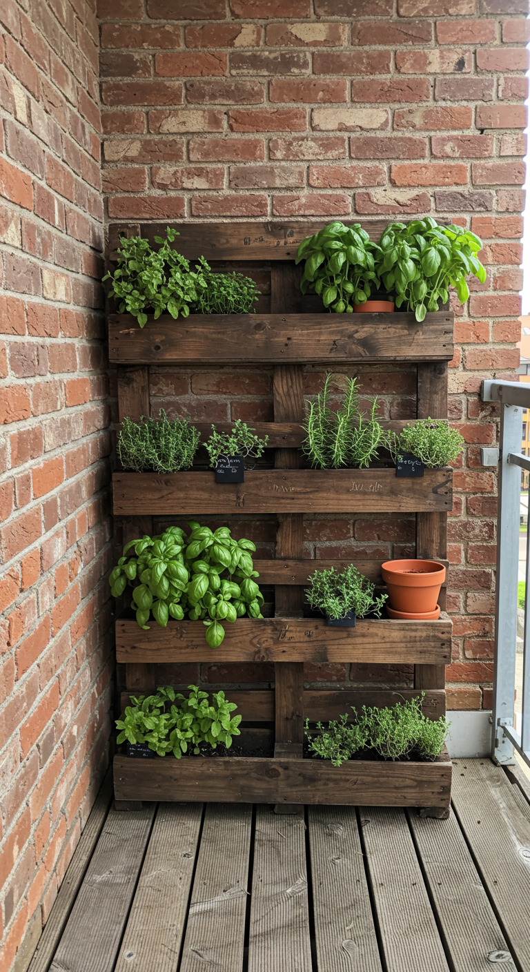 Houten pallet verticaal tegen bakstenen muur, gevuld met diverse kruidenplantjes in potten.