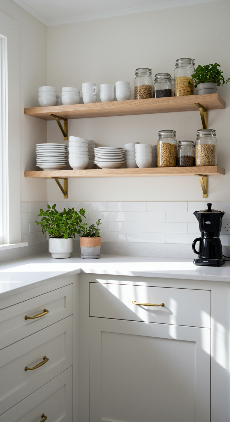 Lichte houten wandplanken met wit servies, glazen voorraadpotten en groene plantjes in een lichte keuken.