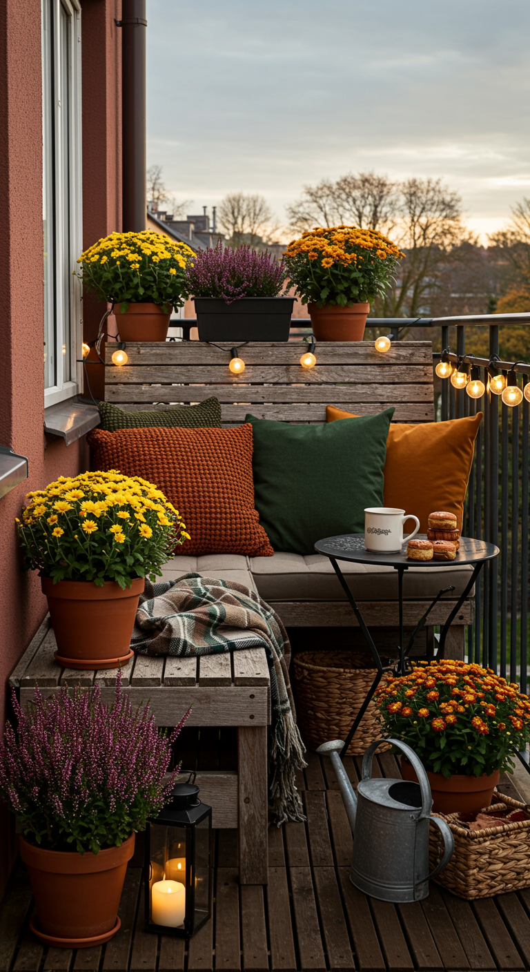 Knus herfstbalkon met houten bank, kussens, plaid, chrysanten, heide en lichtslinger.