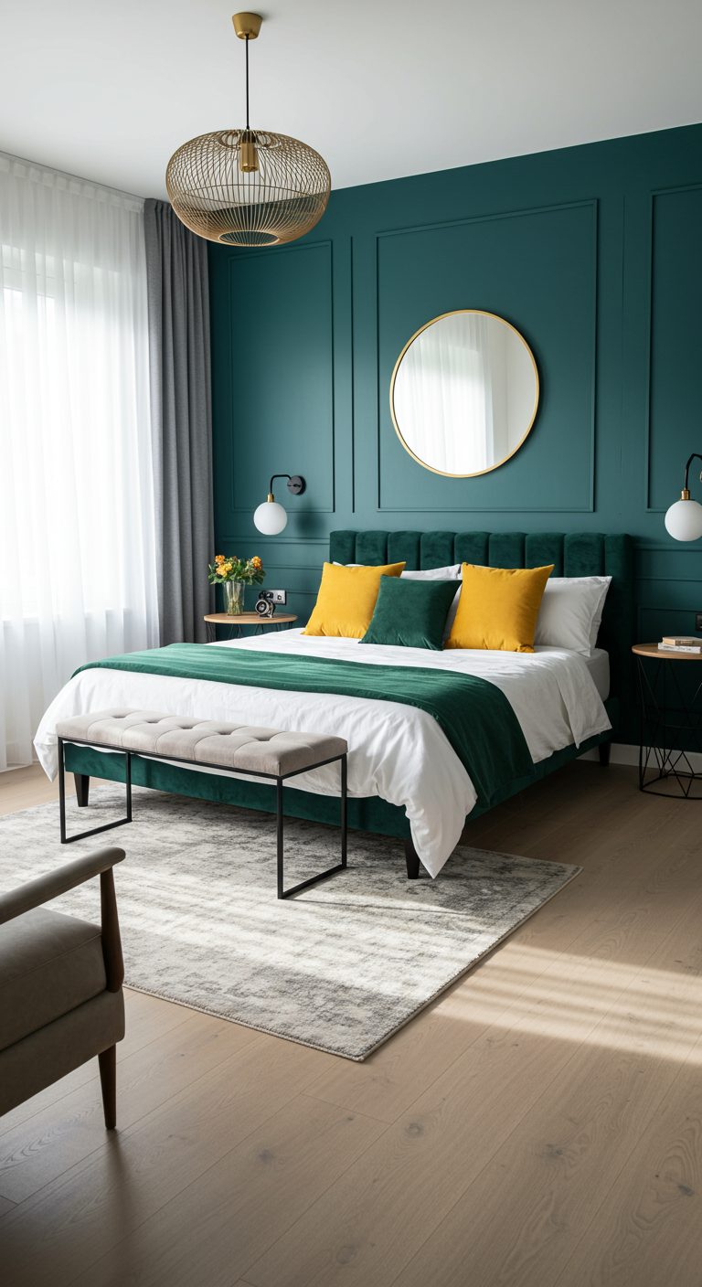 Luxe slaapkamer met diepgroene muur, gouden accenten en fluwelen details.